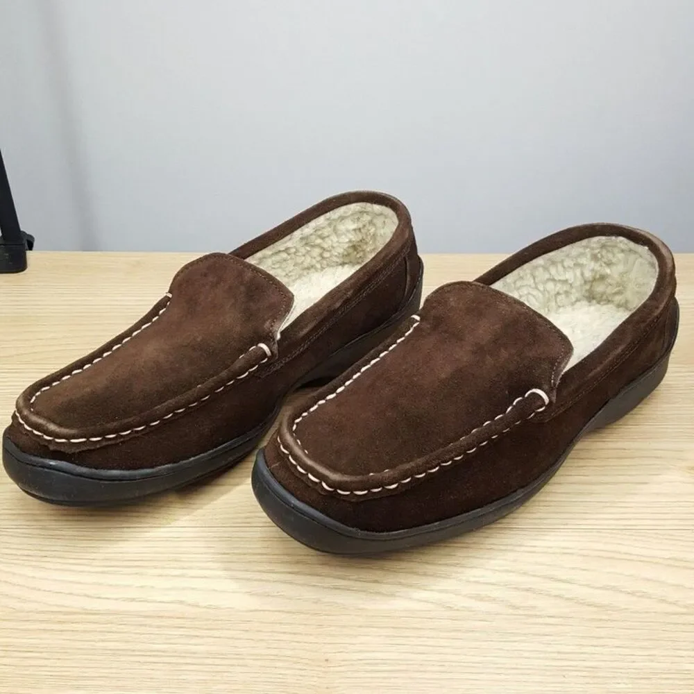 CLUB ROOM Slippers Mens Size 9 Brown Faux Suede Heavy Rubber Bottom Sherpa Lined